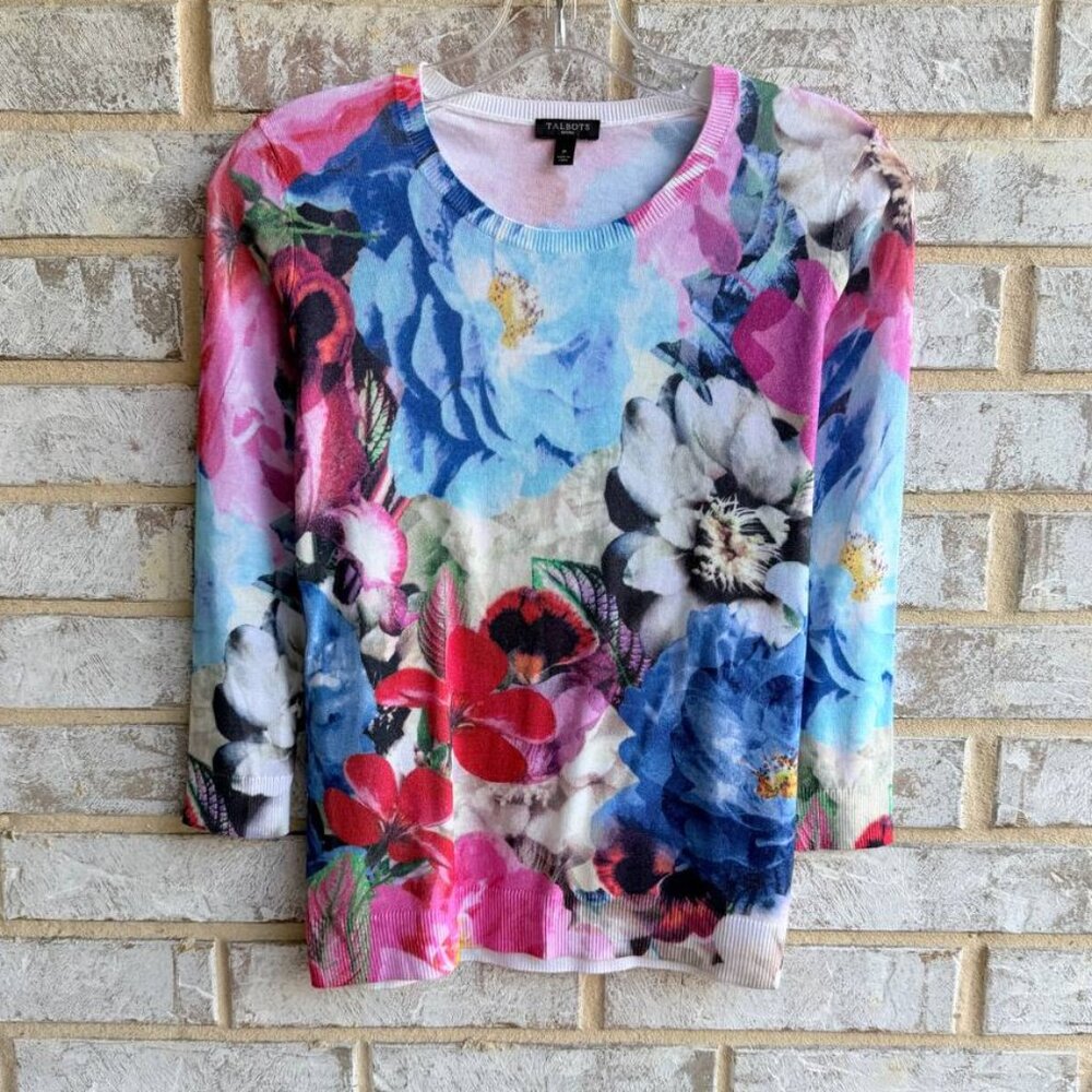 Talbots 3/4 Sleeve Round Neck Colorful Floral Cotton Blend Sweater  Size P (XS)